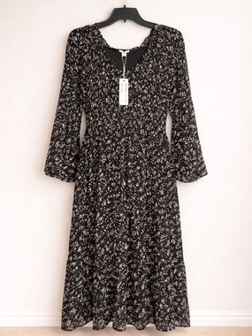 Smocked Black Floral Maxi Dress with Long Sleeves